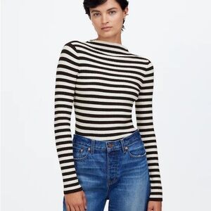 Madewell Dark Brown and White Striped Knit Long Sleeve Mock-neck Top